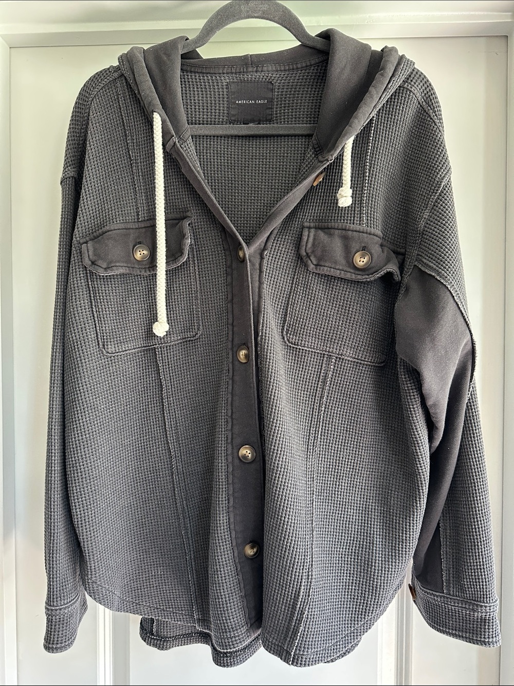 American Eagle Outfitters Charcoal Waffle-Knit Hooded Shirt Jacket